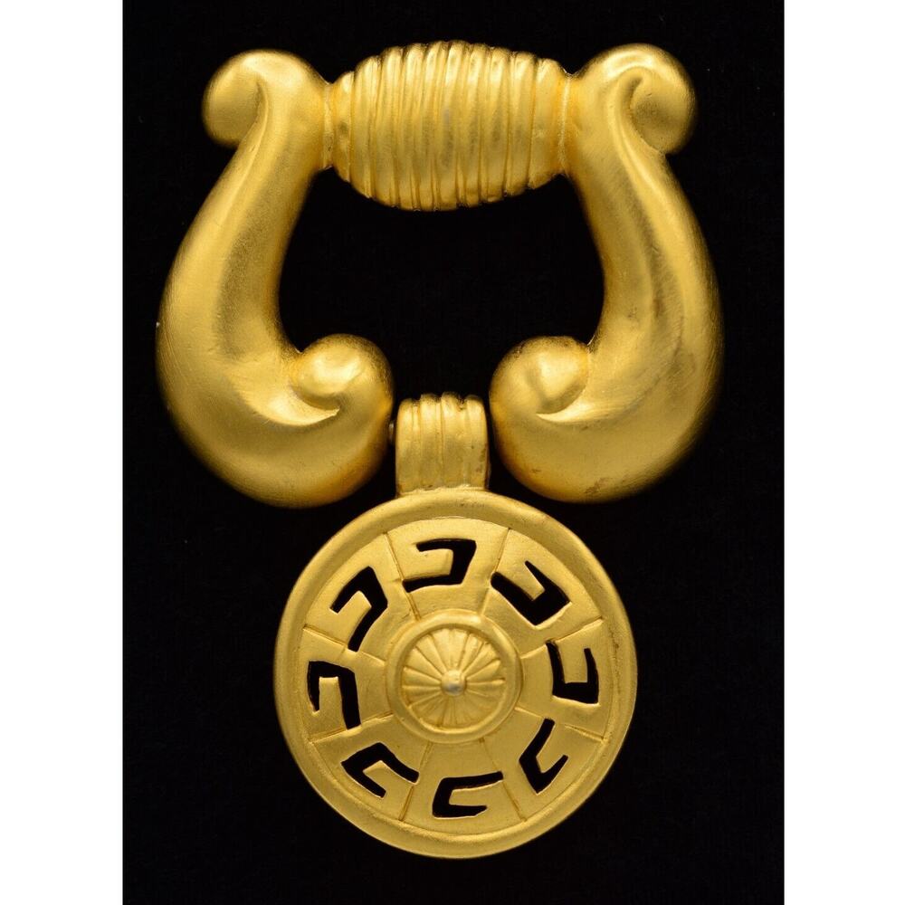 Givenchy Vintage Logo Pin Brooch Brushed Gold Door Knocker Chunky Signed BinF